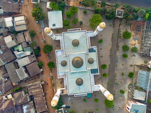 Aerial view of sultan bello mosque with beautiful dome and minaret surrounded by greenery, Kaduna North, Kaduna State, Nigeria.