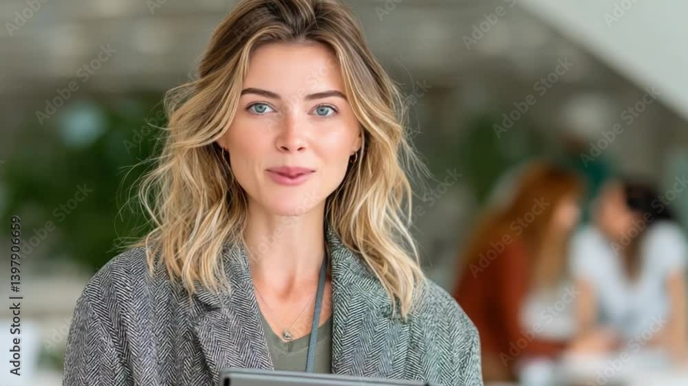 Joyful Woman Using Tablet with Bright Smile in Modern Workspace Joyful Woman Using Tablet with Bright Smile in Modern Workspace
