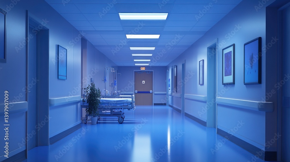 Obraz premium Empty hospital hallway at night with patient bed