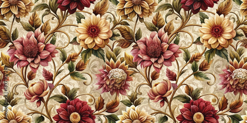 Vibrant floral pattern with elegant sunflowers and intricate leaves.