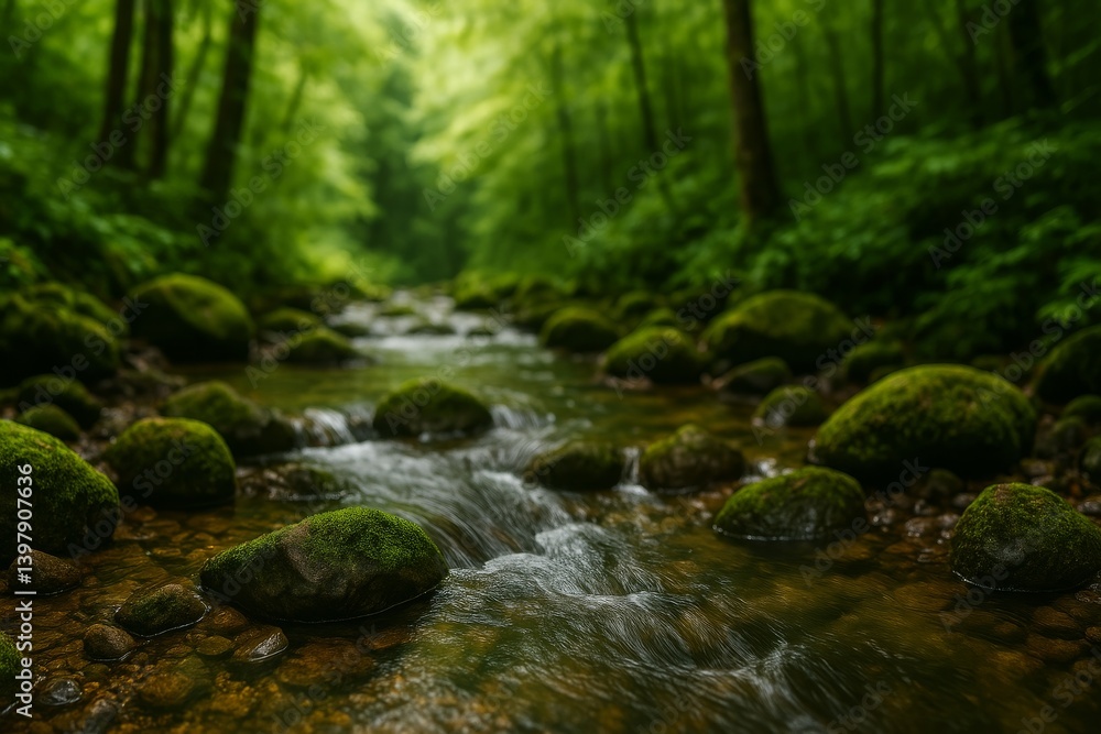 Serene Stream Flows Through Lush Green Forest During a Calm Afternoon in a Natural Setting Serene Stream Flows Through Lush Green Forest During a Calm Afternoon in a Natural Setting