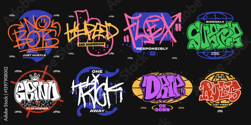 Urban graffiti vector set. Graffiti t-shirt designs bundle for print. Streetwear graphic tee shirt design,