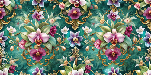 Vibrant floral wallpaper design featuring orchids and intricate patterns.