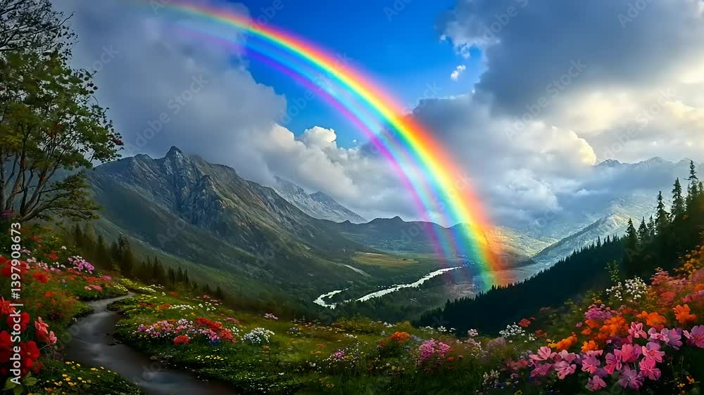 Vibrant rainbow arching over a lush valley filled with colorful flowers and rolling mountains