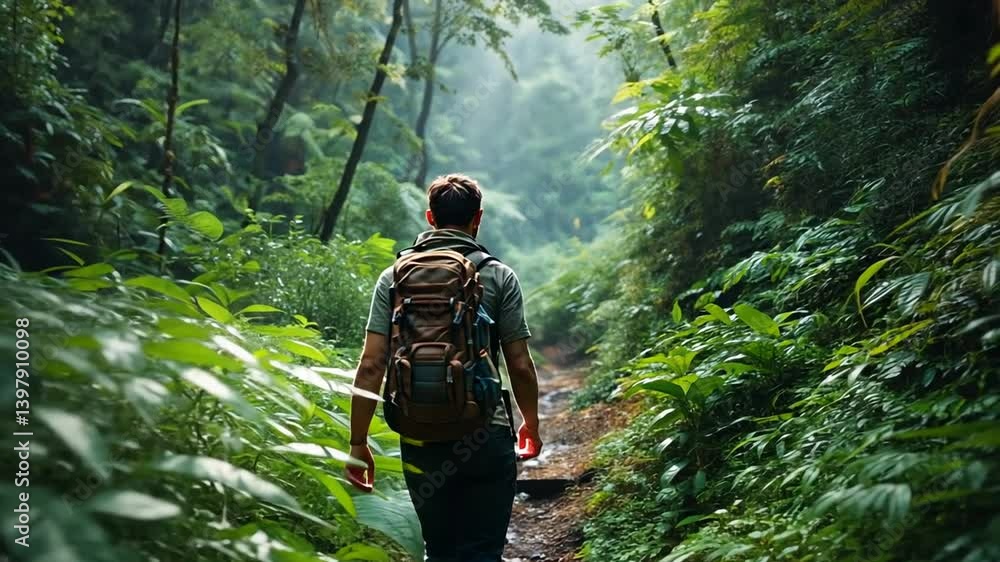 Hiking Man with Backpack Walking Along Jungle Trail Adventure Hiking Man with Backpack Walking Along Jungle Trail Adventure