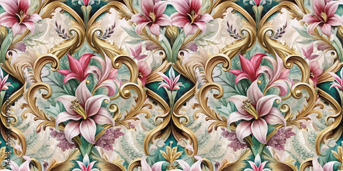 Elegant floral wallpaper with intricate gold and pastel patterns.