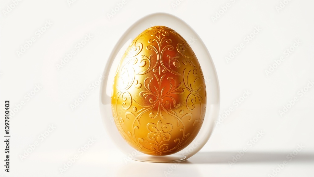 High-End Golden Easter Egg with Ornate Design in Clear Packaging - Isolated Product Shot on White with Soft Shadow - Ideal for Marketing Luxurious Seasonal Gifts with Text Space High-End Golden Easter Egg with Ornate Design in Clear Packaging - Isolated Product Shot on White with Soft Shadow - Ideal for Marketing Luxurious Seasonal Gifts with Text Space