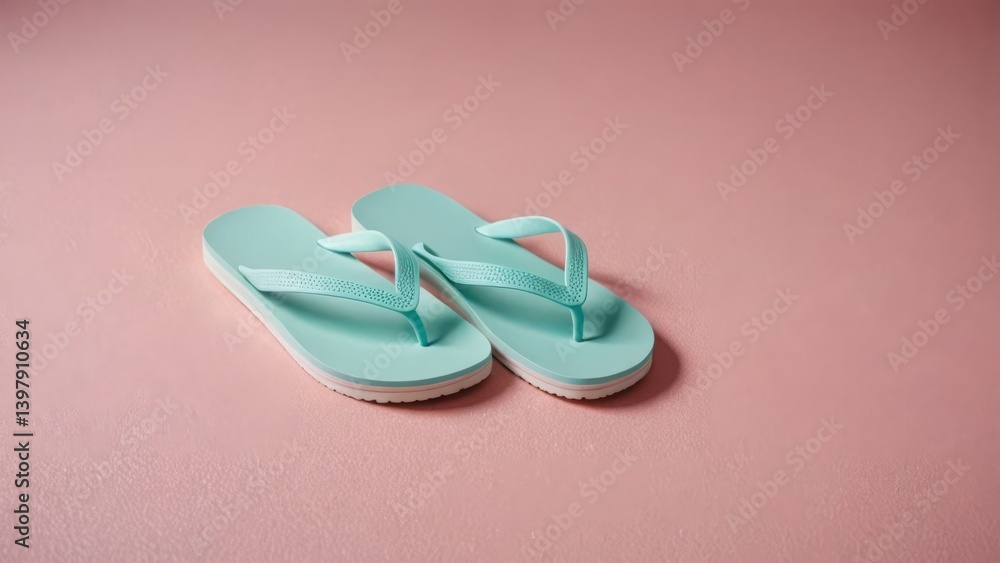 Mint green flip-flops on a coral background, symbolizing summer relaxation and casual style Mint green flip-flops on a coral background, symbolizing summer relaxation and casual style