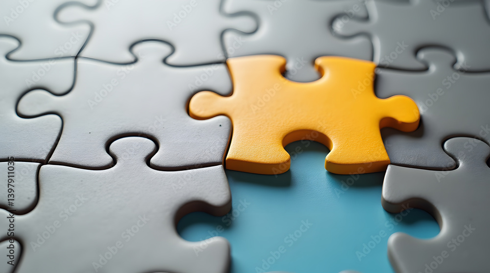Puzzle Pieces with Yellow Piece and Blue Background Puzzle Pieces with Yellow Piece and Blue Background