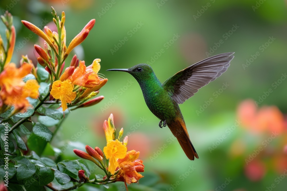Fototapeta premium A close-up of the rare parrot's beak flower with bright orange and yellow blossoms. A hummingbird hovers in the air while drinking nectar