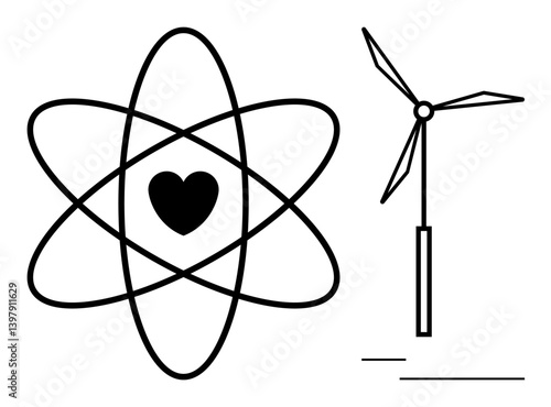 Atom icon with central heart symbol next to wind turbine. Represents clean energy, sustainability, scientific innovation, renewable resources. Ideal for eco-consciousness, science, green technology