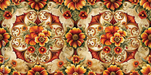 Vibrant floral pattern featuring orange and gold tones.