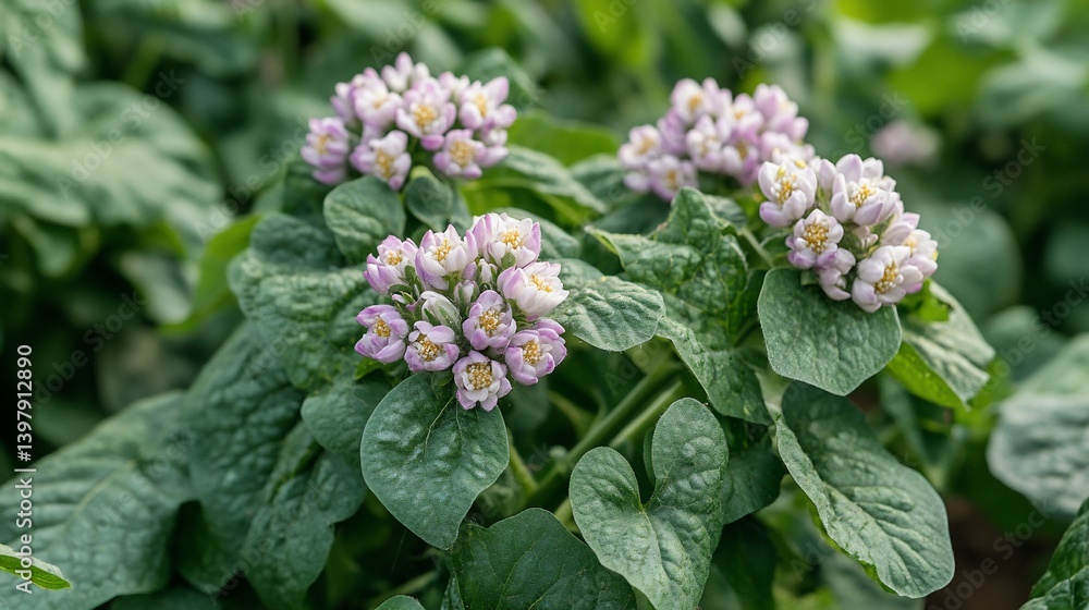 Potato flowers bloom in the garden, with green foliage background Potato flowers bloom in the garden, with green foliage background