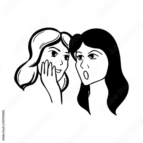 Two Women Gossiping – Whispering Secret with Shocked Reaction, Black and White Vector Illustration