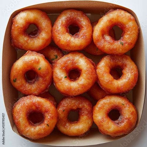 A tempting box of freshly baked golden donuts, showcasing their fluffy texture and glossy finish.