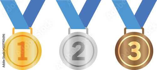 Gold, Silver, Bronze Medal Set Vector – 1st, 2nd, 3rd Place Award Icons with Blue Ribbons for sports apps and websites