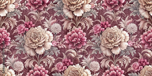 Elegant floral vintage wallpaper design in subtle pink and cream tones.