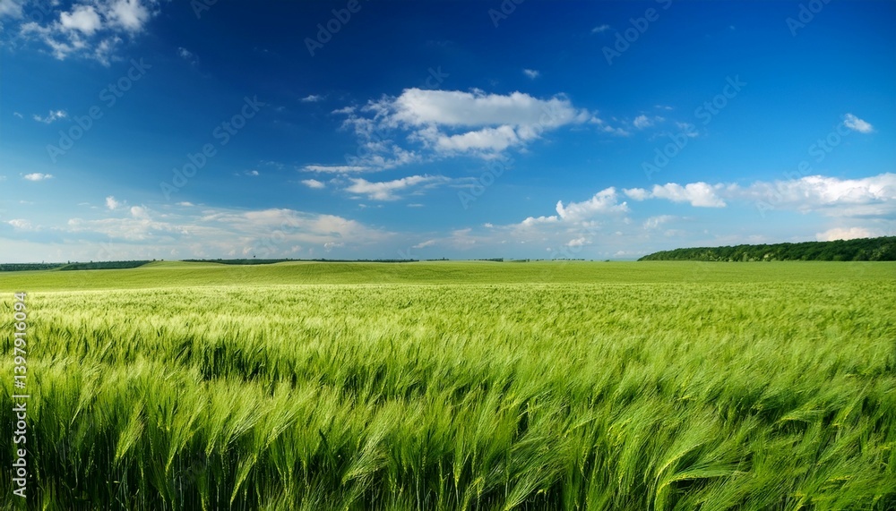 Obraz premium Green wheat field and blue sky Beautiful agro landscape