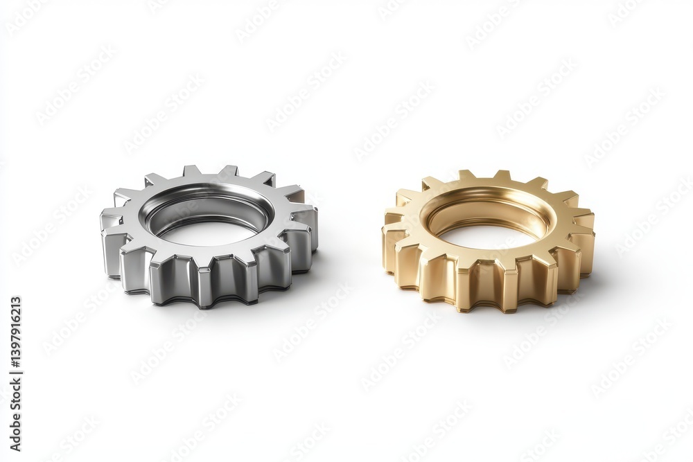 Two gears one silver and one gold isolated on white background Two gears one silver and one gold isolated on white background