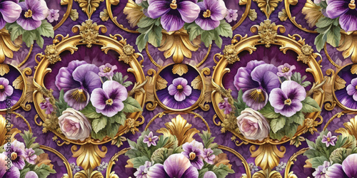 Vibrant floral wallpaper featuring purple pansies and roses in ornate golden frames.