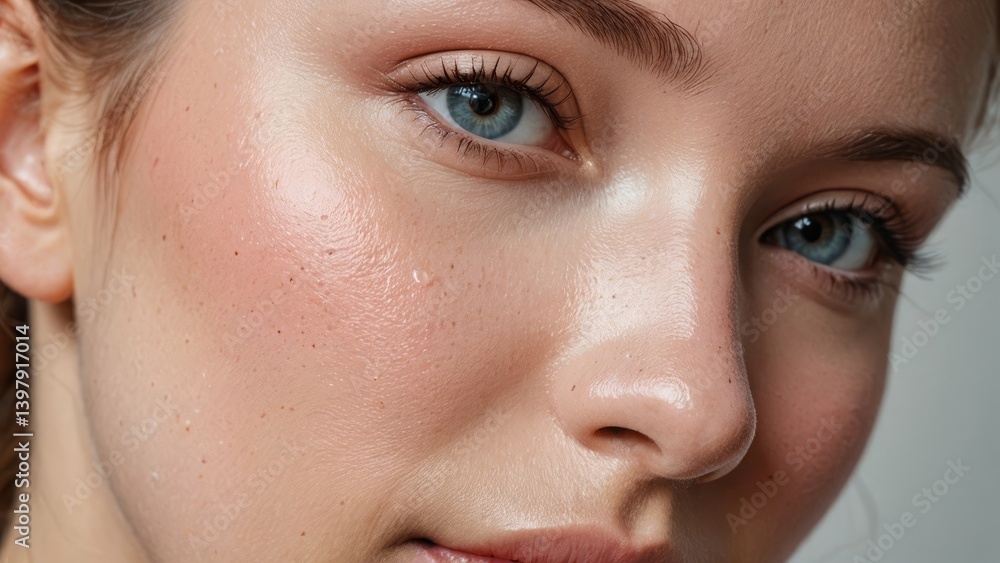 Fototapeta premium Close-up of a woman's face with clear skin and blue eyes, showcasing natural beauty