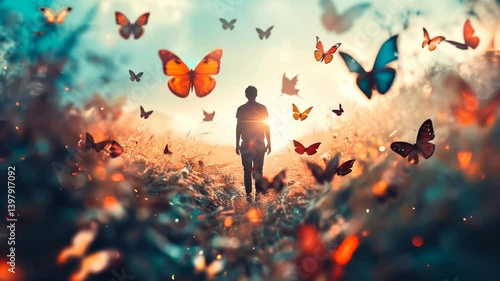 A silhouette of a person surrounded by butterflies in a vibrant, dreamlike field at sunset, capturing a moment of magic.
