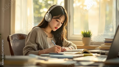 A young woman writes in her notebook while listening to music, enjoying the warm sunlight filtering through the window.  
