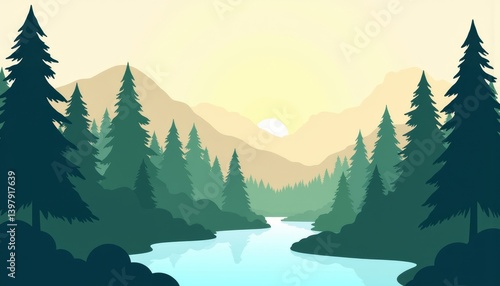 Serene forest landscape at sunrise, peaceful nature escape