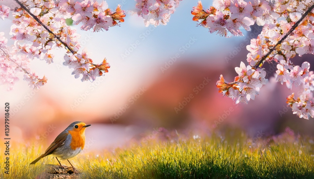 Fototapeta premium abstract art beautiful morning Spring landscape floral background; Springtime Blossom Cherry tree flower and robin bird