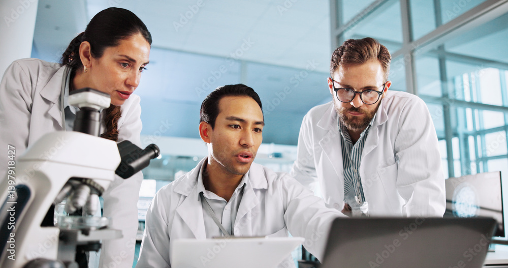 Fototapeta premium Team, scientist and laptop in laboratory for medical innovation, research and analysis on clipboard. Science discussion, people and computer for healthcare study, planning and medicine development