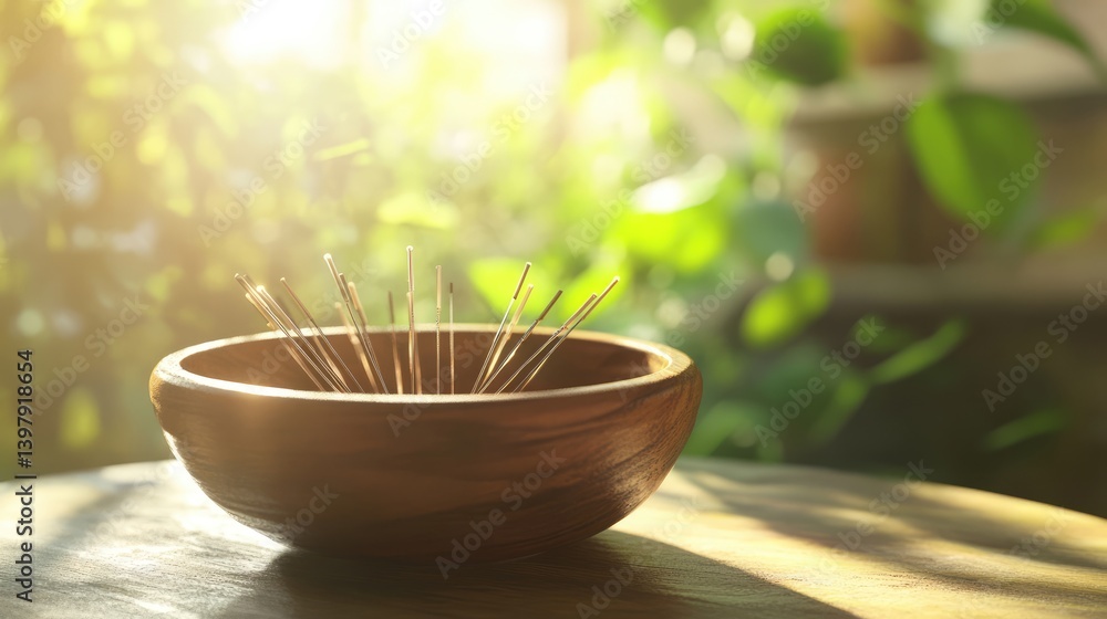 Acupuncture needles in a wooden container on a wooden surface with a soft Acupuncture needles in a wooden container on a wooden surface with a soft