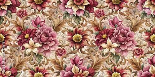 Vibrant floral pattern with rich colors and intricate details