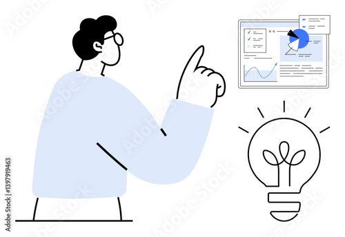 Person pointing at a screen displaying charts and analytics while a glowing light bulb signifies innovation. Ideal for creativity, strategy, analytics, brainstorming, decision-making, productivity