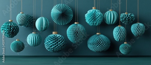 Decorative teal paper ornaments are hanging against a matching wall