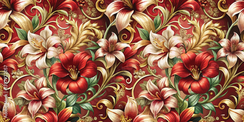 Vibrant floral pattern featuring red and white lilies against a rich background.