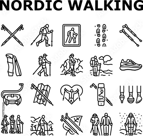 nordic walking exercise outdoor icons set vector