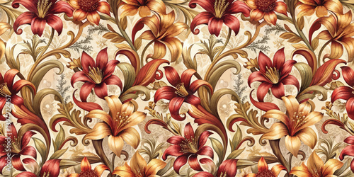 Beautiful floral pattern featuring vibrant reds and golds on a cream background.