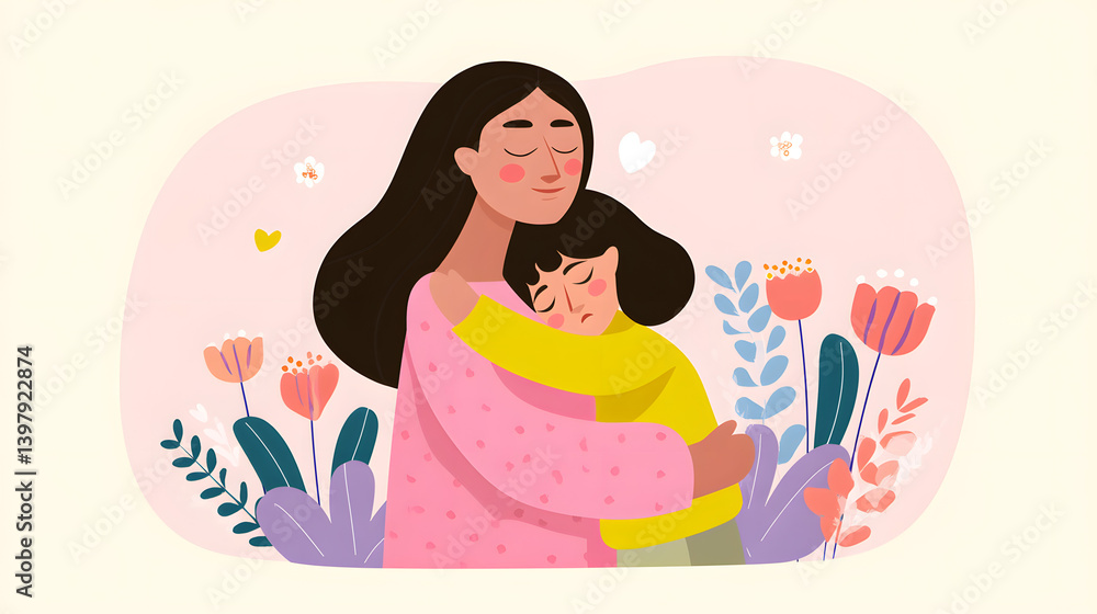 Loving mother hugging her child, warm and emotional moment, isolated on a soft pastel background Loving mother hugging her child, warm and emotional moment, isolated on a soft pastel background