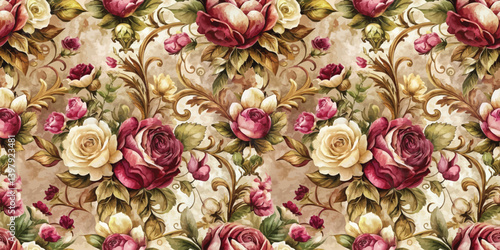 Beautiful floral pattern featuring red and white roses with intricate leaves.