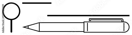 Pen with detailed clip, sharp-tip push pin, and horizontal lines suggesting writing, planning, or structure. Ideal for creativity, productivity, planning, writing organization office minimalism