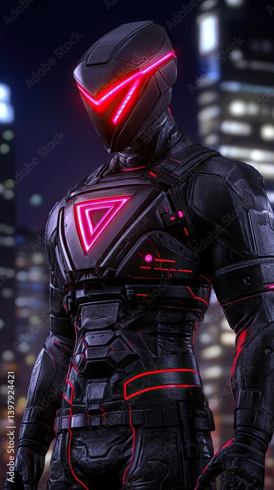 Futuristic armored figure, glowing red accents, urban backdrop Futuristic armored figure, glowing red accents, urban backdrop