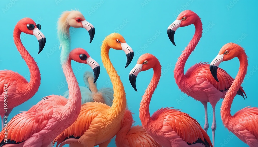 Group collection set of colorful flamingos isolated on a blue background. Group collection set of colorful flamingos isolated on a blue background.