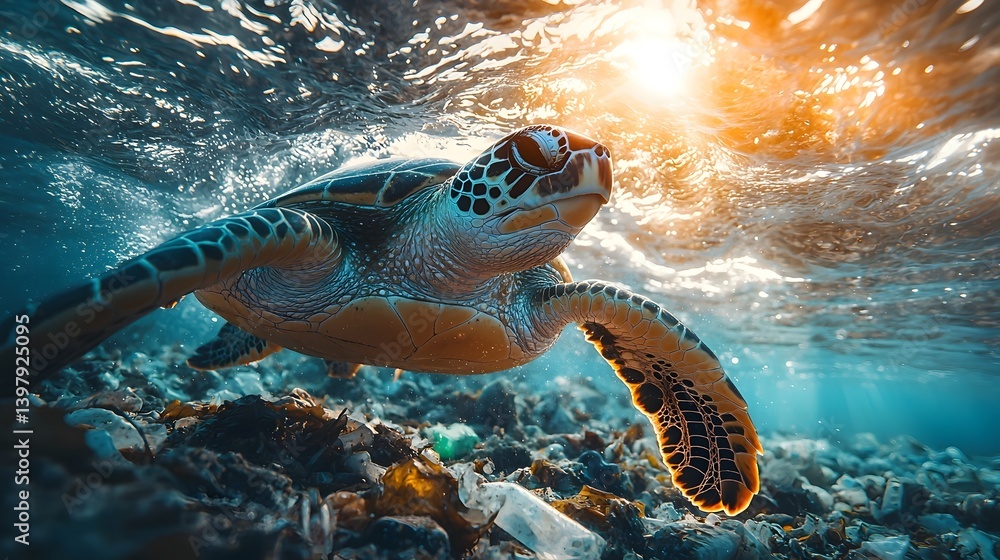 Obraz premium Sea turtle entangled in plastic waste in the ocean