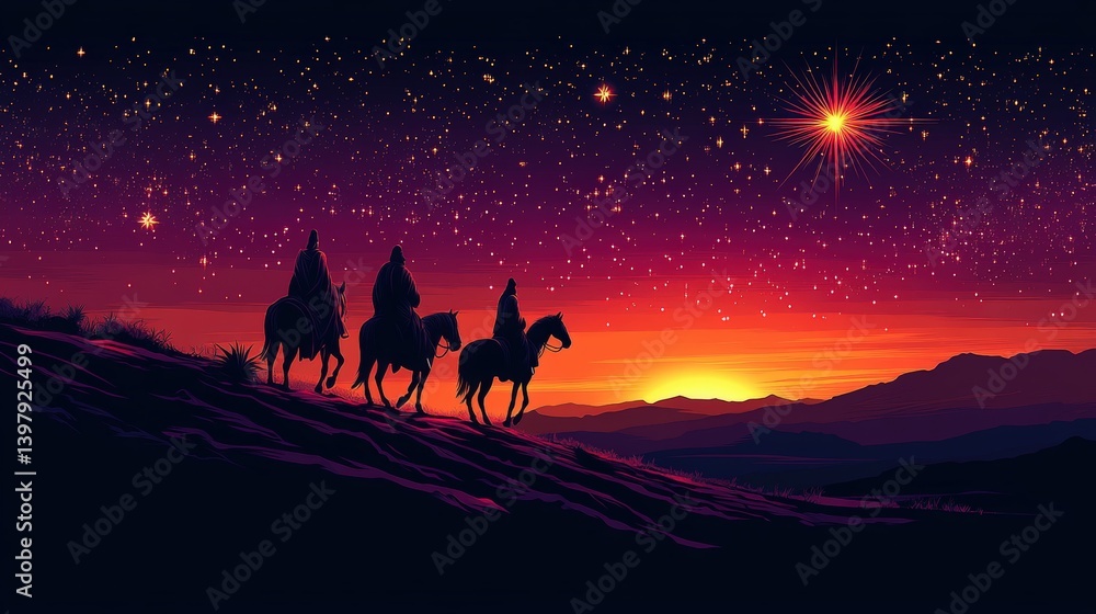 Silhouetted riders on horseback crest a hill under a starry night sky, bathed in the warm glow of a setting sun. A peaceful, scenic vista Silhouetted riders on horseback crest a hill under a starry night sky, bathed in the warm glow of a setting sun. A peaceful, scenic vista