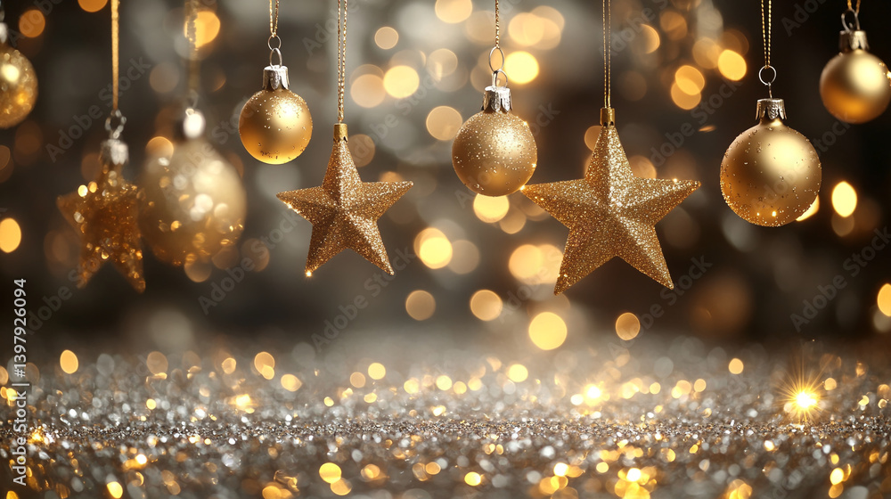 Golden decorations featuring stars and baubles create a festive holiday atmosphere against sparkling, glowing lights Golden decorations featuring stars and baubles create a festive holiday atmosphere against sparkling, glowing lights