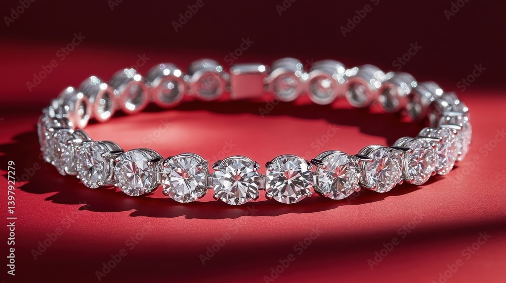 Stylish diamond bracelet casting soft shadows on a bold red background Stylish diamond bracelet casting soft shadows on a bold red background