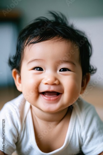 smiling baby with black hair and a white shirt on