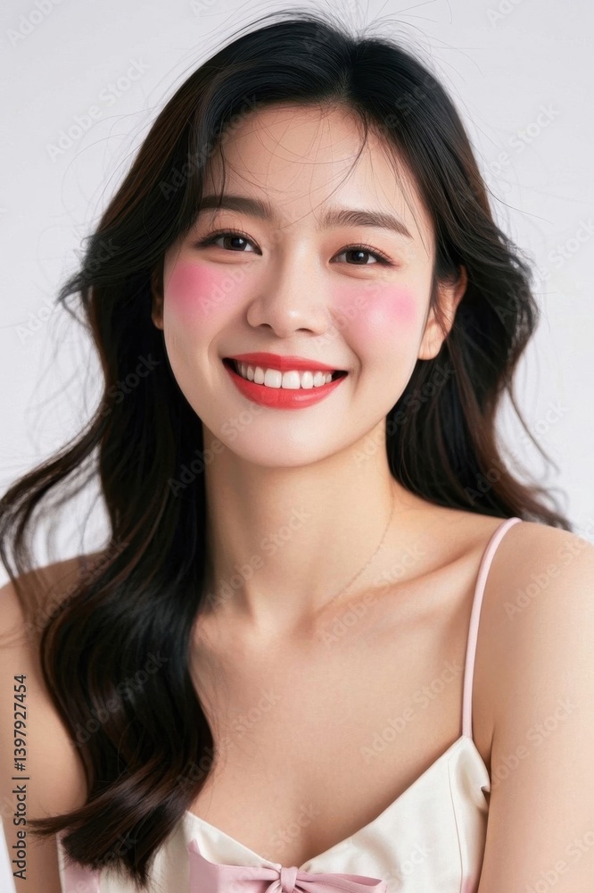 a close up of a woman with a pink lipstick and a pink bow