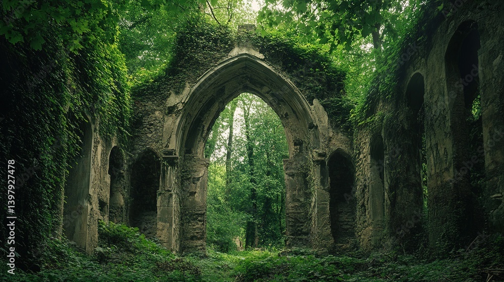 Ancient forest with overgrown ruins, a hidden fantasy world. Ancient forest with overgrown ruins, a hidden fantasy world.