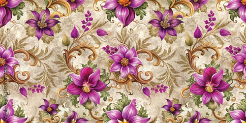 Vibrant floral fabric pattern featuring purple flowers and intricate gold details.